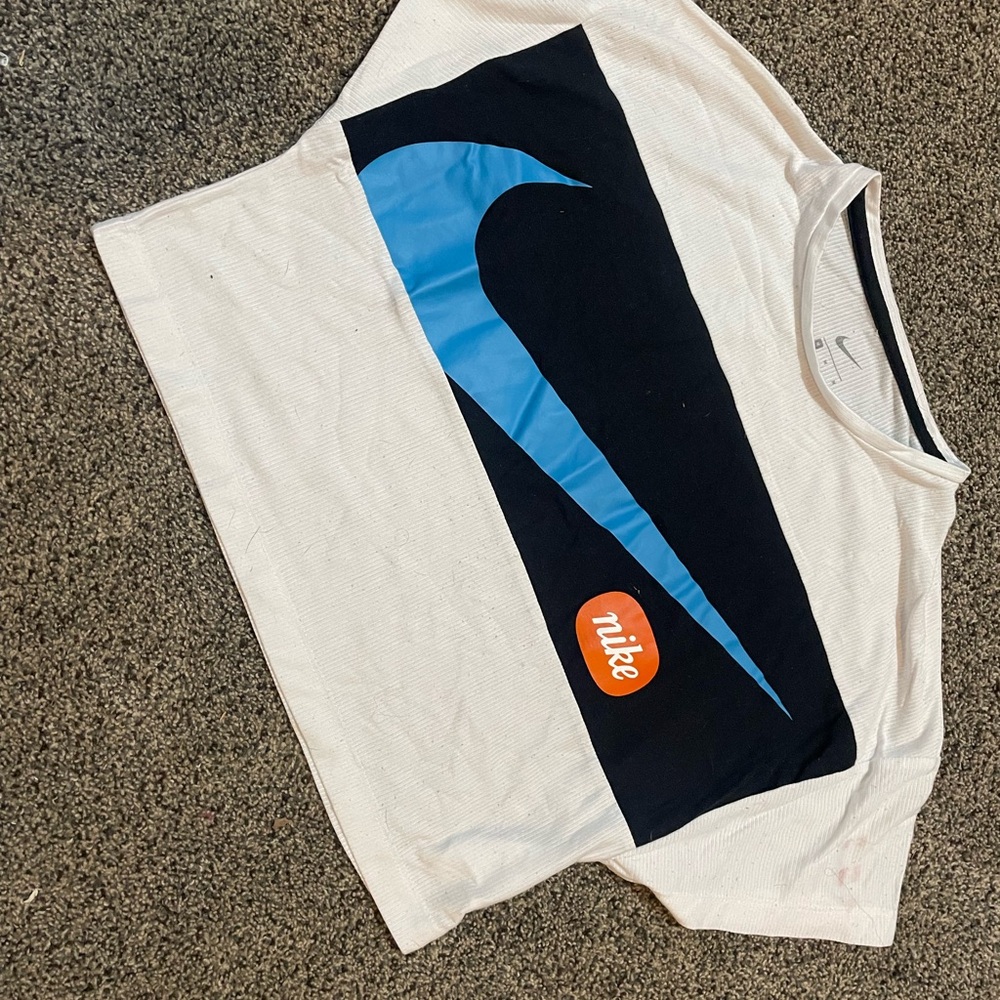 Nike White and Black Tee with Blue Swoosh